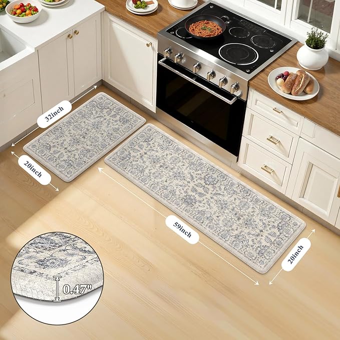 KIMODE Kitchen Mats for Floor Cushioned Anti Fatigue 2 Piece,Boho Floral Kitchen Rugs Non Slip 20" x 59"+20" x 32",Wide Memory Foam Kitchen Mat Carpet for Laundry Office Home,Blue