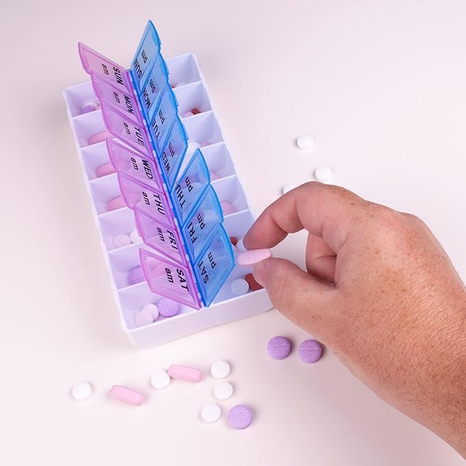 Apex Weekly AM/PM Medication Dispenser, 7-Day Twice-A-Day Pill Organizer with Easy-Open Lids (Color May Vary)