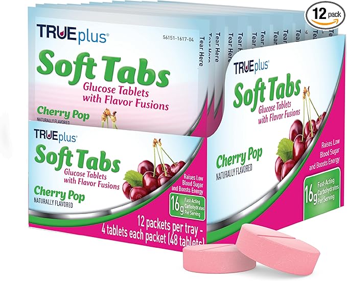 TRUEplus Soft Tabs Glucose Tablets, Chewable, Cherry Pop Flavor, 16g Fast-Acting Carbohydrates, Fat Free, Gluten Free, Raise Low Blood Sugar and Boost Energy, 4 Count, 12 Packs