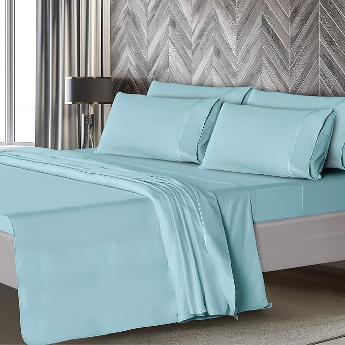 Mueller Luxury 6 PC Full Size Bed Sheets, Super Soft 1800, Deep Pocket up to 16" Full Size Sheets, Transfers Heat, Breathes Better, Hypoallergenic, Wrinkle-Resistant, Oeko-TEX, Aqua