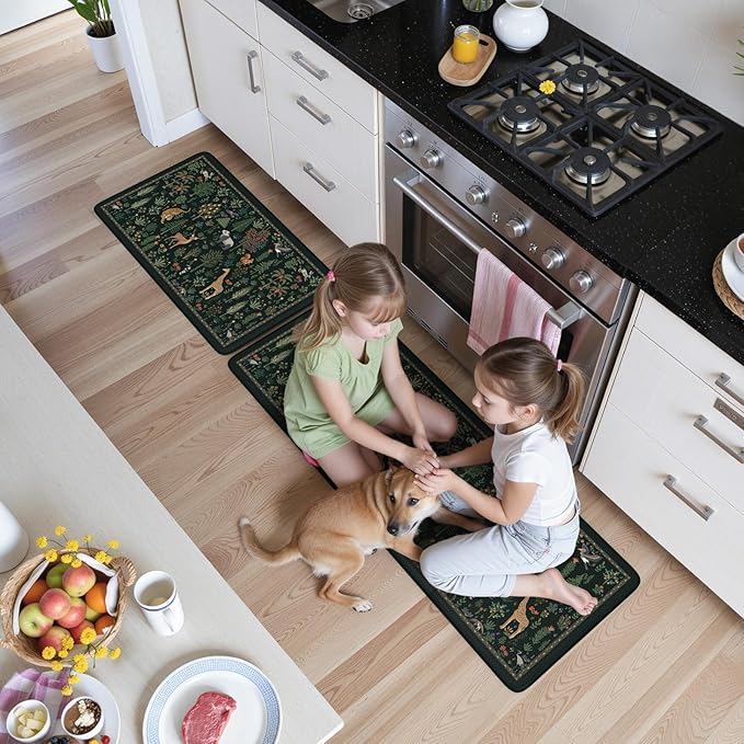 KIMODE Comfort Kitchen Mats for Floor Cushioned Anti Fatigue,Farmhouse Animal Forest Kitchen Rugs Sets of 2 Non Slip,Memory Foam Kitchen Standing Mat Laundry Sink Office Home,Black