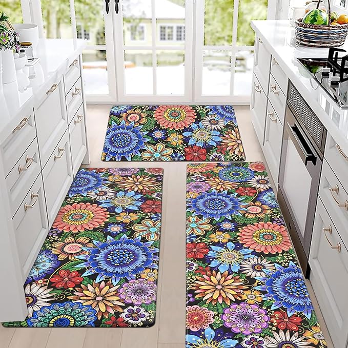 Likiyol Boho Kitchen Rugs, Boho Floral Anti Fatigue Kitchen Mat for Floor, Bohemian Flowers Non Slip Washable Kitchen Floor Mats, Comfort Standing Mat, 18''x30''+18''x48''+18''x60''