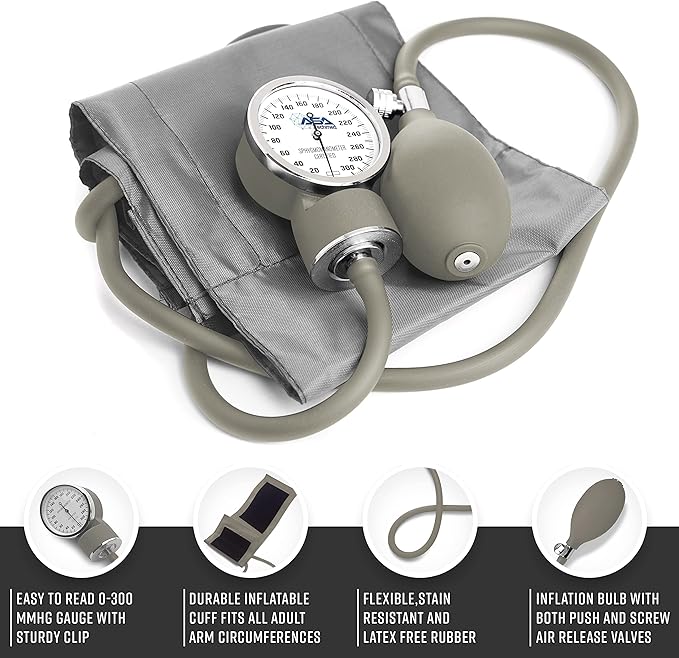 ASA TECHMED Manual Blood Pressure Monitor - Aneroid Sphygmomanometer for Nurses, Universal Standard Blood Pressure Cuff, Nurse Essentials with High-Molecular Velcro Nylon Arm Cuff (Light Grey)