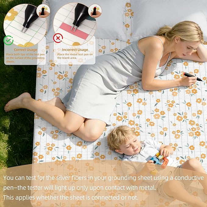 Grounding Sheets Queen Orange Floral - 15% Pure Silver + 85% Organic Cotton Fitted Bed Sheet for Earthing - 400 Thread Count Deep Pocket Grounded Bedsheet - Improved Sleep Down to Earth Ground Bedding