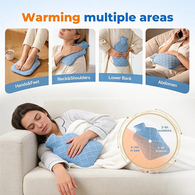 Hot Water Bottle with Soft Cover, 2L Hot Water Bag, Hot and Cold Therapies for Sore Muscles, Menstrual Cramps, Neck and Shoulder Pain Relief, Great for Women, Childs, Blue