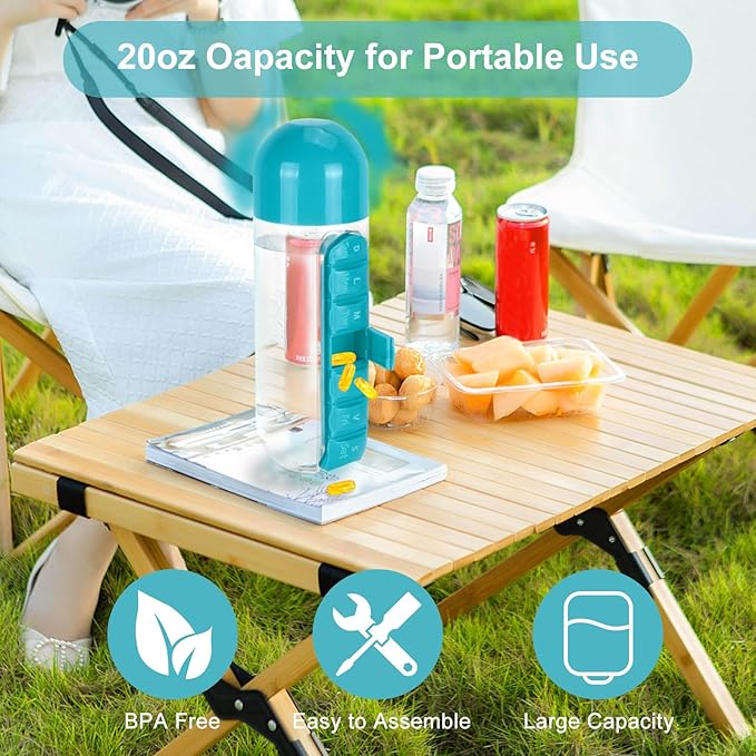 Portable Pill Box Water Cup,2 in 1 Water Bottle pill Box Storage Box,20 oz Daily Sports Water Bottle with Pill Box Organizer 7 Days Capsule Organizer