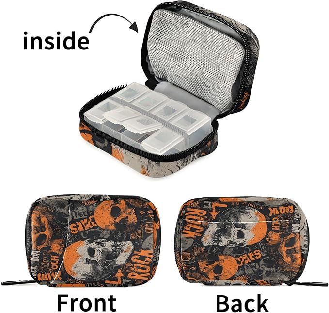 Orange and Grey Vintage Rock Skulls Travel Pill Organizer Case Box Container Weekly Portable Vitamin Medicine Holder Storage Bag with Zipper Removable
