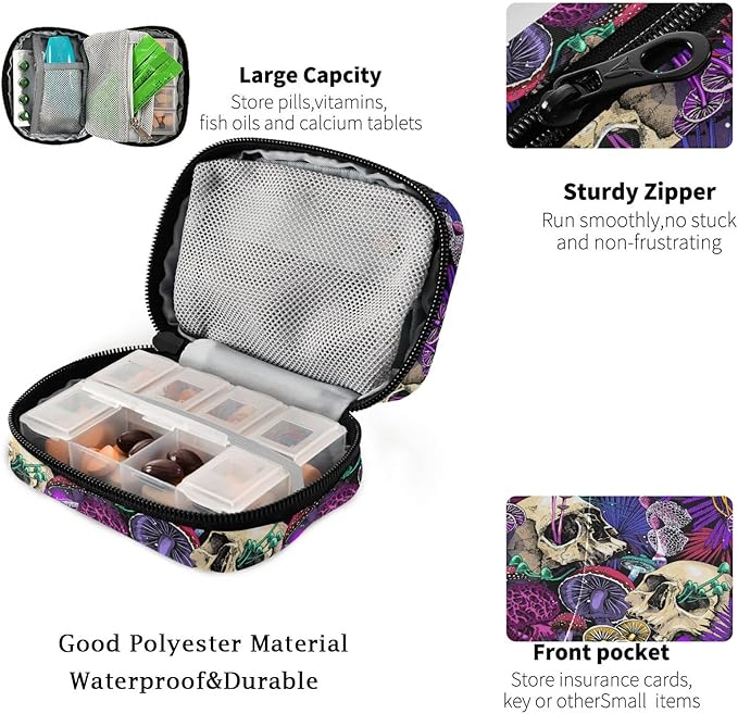 Fustylead Psychedelic Mushrooms Skulls Pill Organizer and Storage Weekly with Zipper, Removable Pill Box Portable Medicine Organizer for Vitamin Fish Oil Supplement