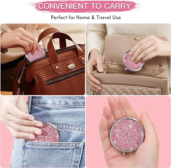 Soleebee Bling Crystal Pill Box, Portable 3 Compartments Daily Pill Organizer, Small Travel Pill Case for Purse or Pocket, Medicine Vitamin Pill Container Organizer (Pink)