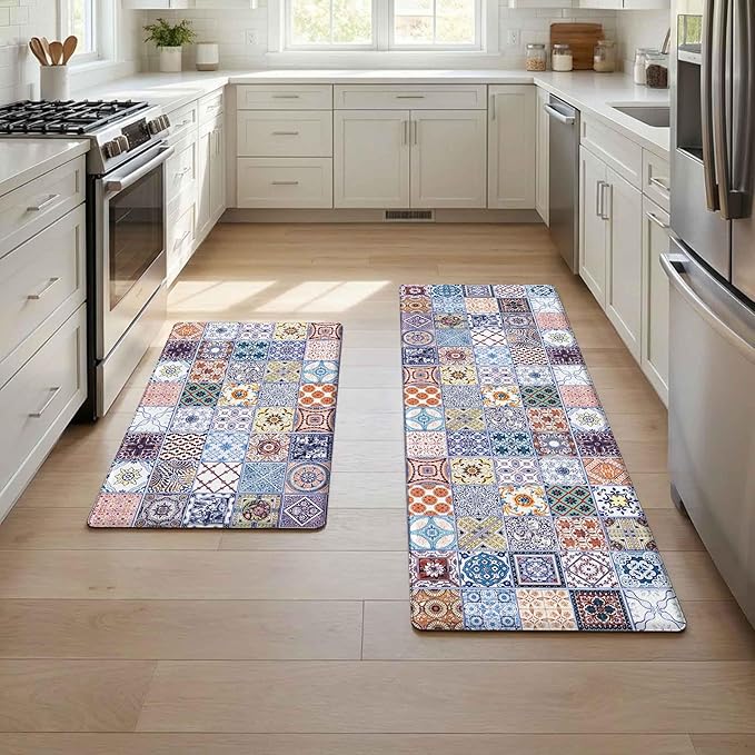 Boho Kitchen Rug Mats for Floor Cushioned Anti Fatigue Colorful Ceramic Tile Kitchen Rugs Sets of 2 Talavera Non Slip Waterproof Comfort Memory Foam Standing Floor Mat for Laundry Sink Desk
