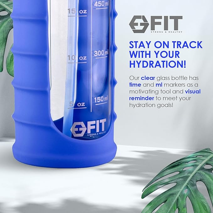 FIT Strong & Healthy 32 oz Glass Water Bottle with Straw Lid - Wide Mouth Borosilicate Glass Water Bottles with Time Marker, Silicone Sleeve & Extra Lid - 1L Large Motivational Drinking Bottle