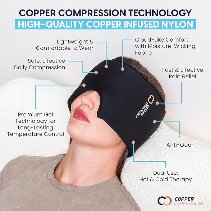 CopperFreeze™ Migraine Relief Mask Cap w/Cryo Gel by Copper Compression - Reusable 360° Ice Pack Band for Headaches - Eases Nausea, Sinus Pressure, Tension - Gift for Women, Men, Moms - One Size