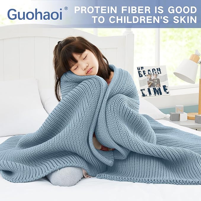 Guohaoi Knitted Weighted Blanket for Adults (Haze Blue 60"x80" 17lbs) No Beads Cooling Throw Blanket for Hot Sleepers, Home Decor Breathable Chunky Knit Heavy Blanket Use on Queen/King Size Bed