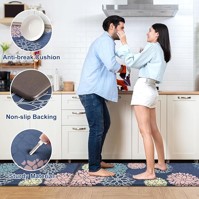 StepLively Kitchen Mats, 2 PCS Cushioned Anti-Fatigue Floral Pattern, Oeko-TEX Certified Washable Non-Slip Standing Mats for Kitchen, Office, Sink & Laundry (17.3"x30"+17.3"x47", Blue)