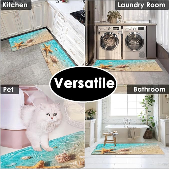Anti-Fatigue Beach Kitchen Rug Set of 2 Cushioned Seashell Rug Mat for Floor, Summer Standing Waterproof Non-Slip Mat PVC Ergonomic Comfort Foam Decor for Kitchen