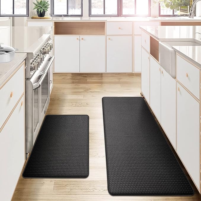 AUTODECO Kitchen Mats and Rugs Set of 2 - Cushioned Anti-Fatigue Kitchen Rug for Floor Washable 17"x29" +17"x59", Black