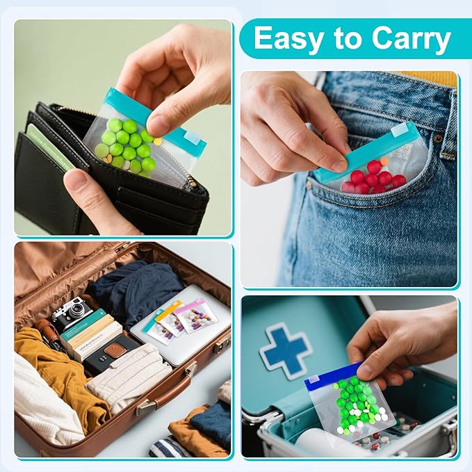 90 Pcs 9 Colors Reusable Pill Pouch Bags, Zippered Translucent Medicine Organizer, Travel Pill Organizer with Labels Slide Lock, Small Plastic Bags for Accessories, Jewelry etc.