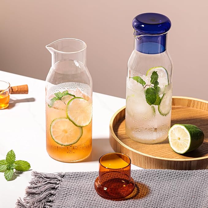 hjn Glass Pitcher with glass cup Water Carafe with Lid, Fridge Water Jug Cold or Hot Beverages, Iced Tea, Milk, Juice 830ml/28oz & clear cup lid (Glass Pitcher-Cricket Blue cup lid)