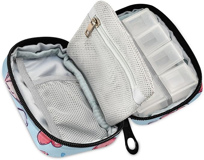 Pink Hearts Blue Letter Travel Pill Organizer Case Box Container Weekly Portable Vitamin Medicine Holder Storage Bag with Zipper Removable