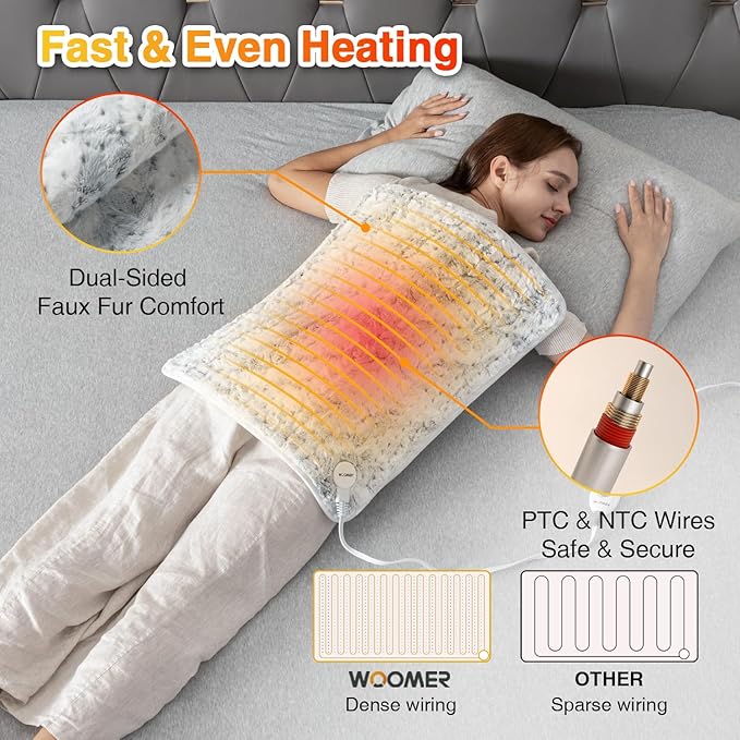 Woomer Heating Pad for Back Pain Relief, Extra Large Electric Heating Pad for Period Cramps, Moist&Dry Options, 6 Heat Setting, 2H Auto-Off, Cozy Faux Fur, 20” x 24”, Marble Blue