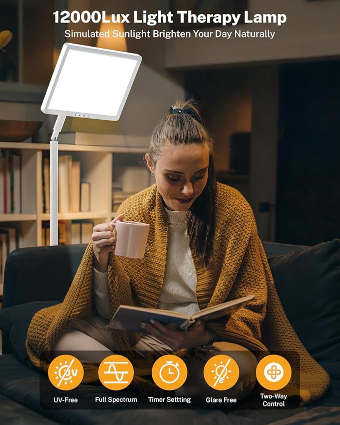 Light Therapy Lamp 12000 Lux UV-Free Full Spectum Floor Therapy Lamps, 4 in 1 LED Sun Lamp, 10 Brightess Levels, 5 Color Modes, Remote&Touch Control, Adjustable Timer/Height/Angle, White