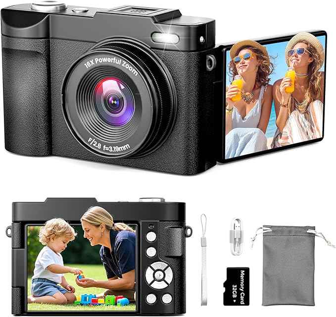 4K Digital Camera for Photography Auto-Focus, Compact 50MP Camera with 180° Flip Screen, 16X Digital Zoom, Camara Fotografica with 32GB Card – Great for Vlogging and Learning Photography
