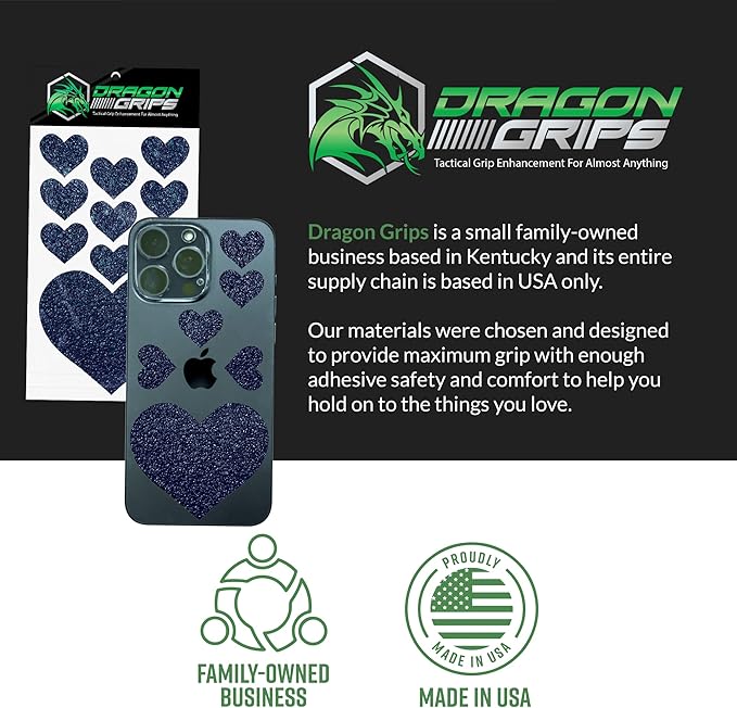 Dragon Grips Heart Stickers - 10 Pcs Blue Heart-Shaped Rubberized Grip Stickers - Waterproof, Multi-Purpose, Non-Slip, Textured Cell Phone Grip Tape for Laptop, Mouse, Tablet, iPad, iPhone Case