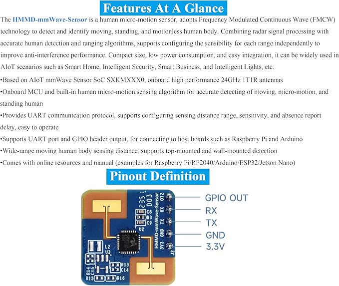 Human Micro-Motion Detection mmWave Sensor Compatible with Raspberry Pi/Pi Pico/Jetson Nano/ESP32, 24GHz mmWave Radar, Based On S3KM1110, Adopt Frequency Modulated Continuous Wave (FMCW) Technology