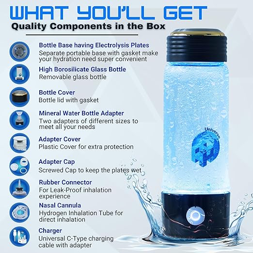 Hydrogen Water Bottle Generator 400ml – Glass SPE PEM Tech, Up to 2800+ PPB Molecular Hydrogen Generator with Nasal Cannula, Rechargeable, Portable, Compatible with Bottles