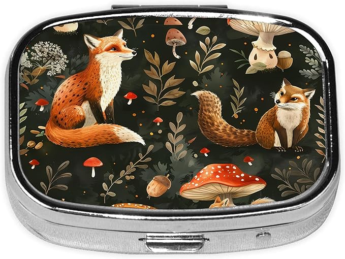 Pill Box-2 Compartment Small Pill Case Square Organizer Case with Mirror Portable Metal Medicine Box Travel Container for Pocket & Purse Women Men（Cute Fox Mushroom）