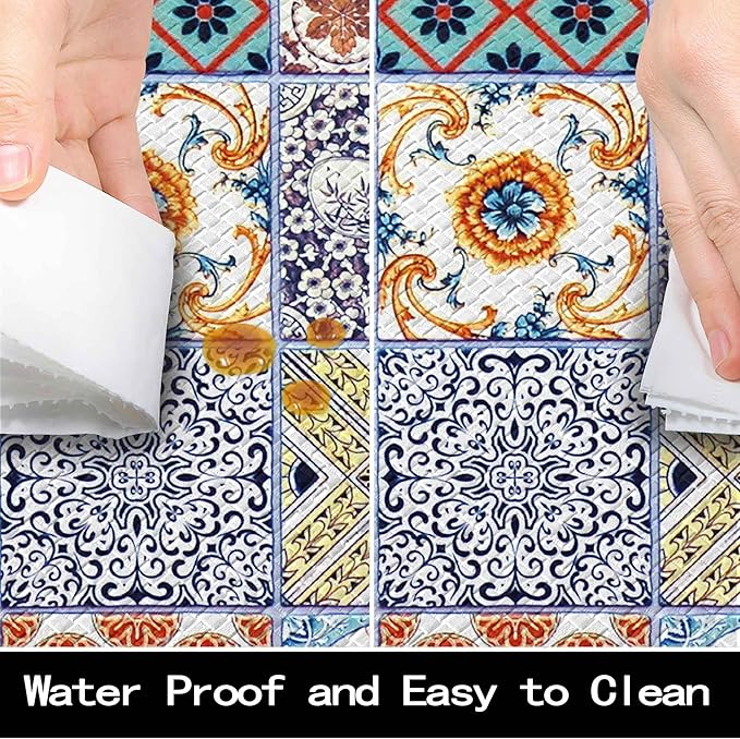 Boho Kitchen Rug Mats for Floor Cushioned Anti Fatigue Colorful Ceramic Tile Kitchen Rugs Sets of 2 Talavera Non Slip Waterproof Comfort Memory Foam Standing Floor Mat for Laundry Sink Desk