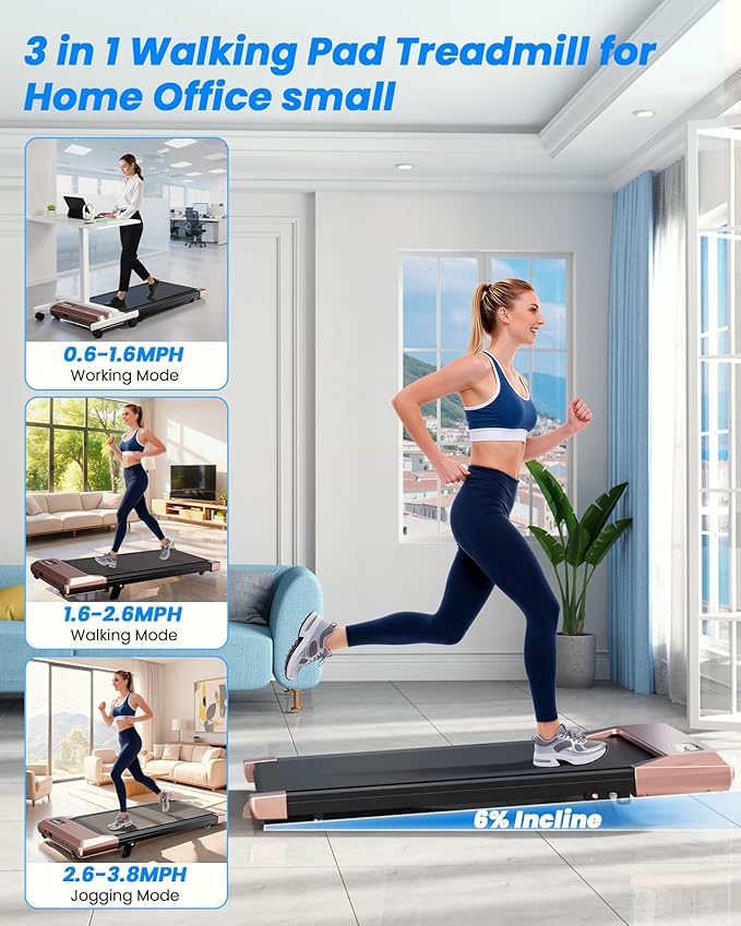 DeerRun Under Desk Walking Pad Treadmill with 6% Manual Incline, 0.6-3.8 MPH Walking Speed, 2.5 HP, 300 lb Capacity, App & Remote Control, for Home Office & Small Spaces