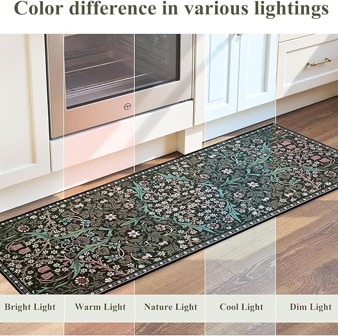Vintage Floral Kitchen Mat Set of 2, Dark Green Floral Kitchen Rugs and Mats Non Slip Washable, Home Decor Low-Profile Kitchen Rugs for Floor (17”x30“+17''x47'')