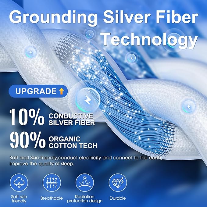 Ivellow Grounding Sheets Queen 10% Pure Silver Fiber 90% Organic Cotton Fitted Sheet Queen Size 16” Deep Pocket Soft Grounded Sheets Earth Connected Bedding White Fitted Bed Sheet with Grounding Cord