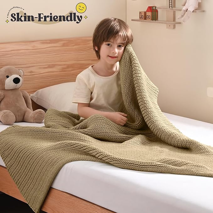 Guohaoi Knitted Weighted Blanket Kids (Beige 40"x60" 7lbs) No Beads Cooling Heavy Blanket, Home Decor Breathable Chunky Knit Throw Blanket for All-Season Use