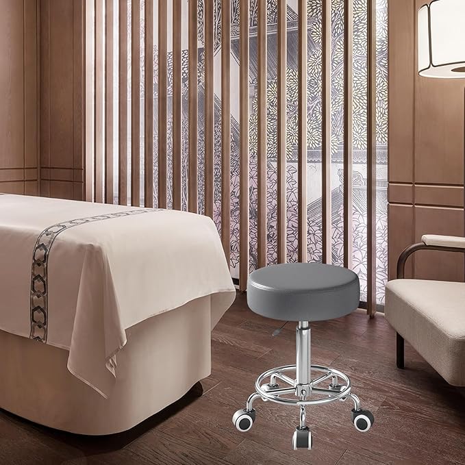 Rolling Stool, Heavy Weight Capacity 250lb, PU Leather Rolling stools, Ultra Soft Padded Seat, Rolling Stools with Wheels and Footrest, 360° Swivel, Spa Drawing Salon Work Office Tattoo Stool (Grey)