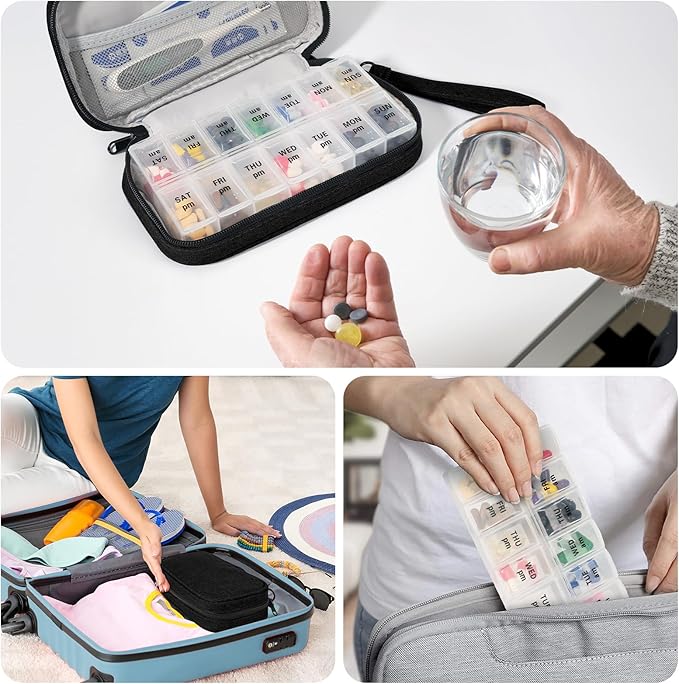 Weekly Pill Organizer 2 Times a Day, Travel Pill Box 7 Day with Large Opening, Pill Case with Handle, Pill Dispenser Medicine Organizer for Vitamins, Fish Oils, Medications, Supplements(Black, Large)
