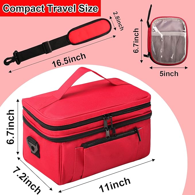 Medicine Bag for Traveling with Portable Small Pouch, Double Layer Pill Bottle Organizer Storage Case with Lockable Zippers, Carrying Medication Travel Case with Shoulder Strap (Bag ONLY), Red