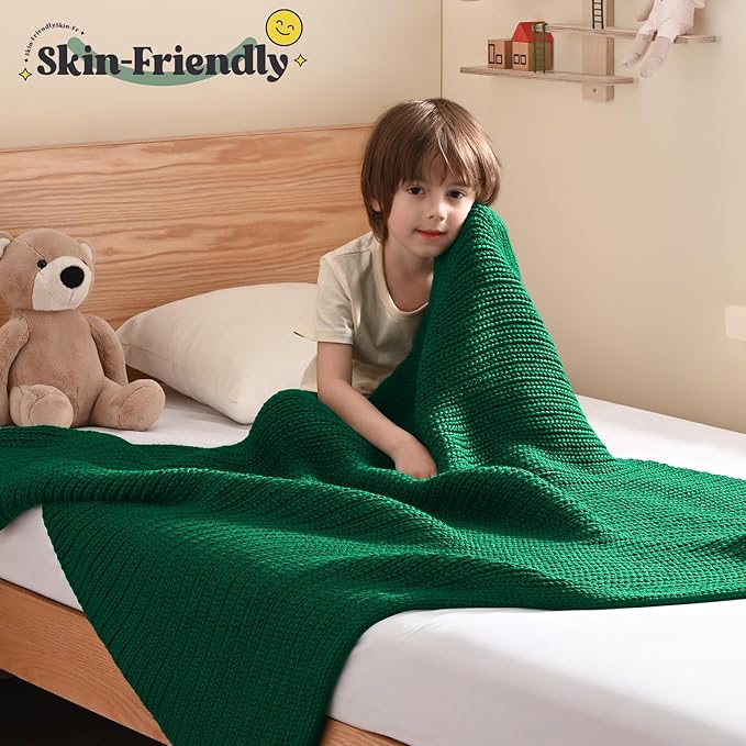 Guohaoi Knitted Weighted Blanket Kids (Green 40"x60" 10lbs) No Beads Cooling Heavy Blanket, Home Decor Breathable Chunky Knit Throw Blanket for All-Season Use