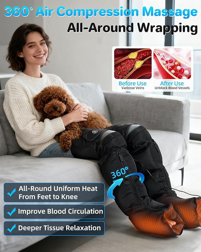 YINGGG Air Compression Leg Massager with Heat - Foot and Calf Massage Sleeve with 3 Heat&6 Intensities&6 Modes, Compression Boots for Circulation and Pain Relief-M