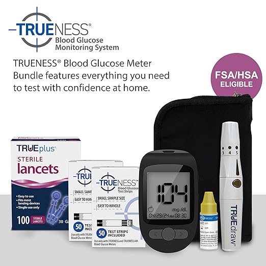 TRUENESS Blood Glucose Meter Bundle - Blood Glucose Monitor, Case, 100 Test Strips, 100 Lancets, Lancing Device, Control Solution - Fast, Easy Testing Supplies for Home Use