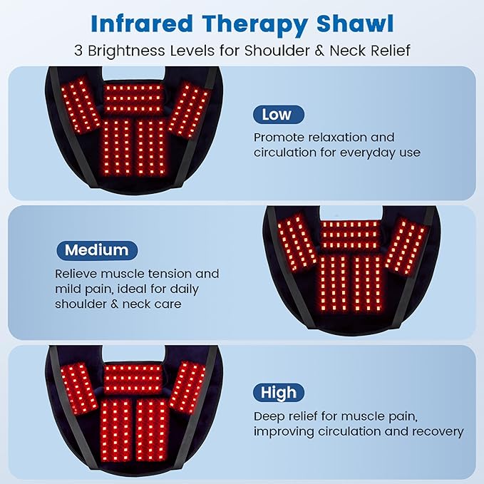 Cordless Red Light Therapy for Neck Shoulder Pain Reilef, 120 LEDs Wearable Infrared Heating Wrap with Massager and Timer, 660nm & 850nm Near-Infrared Red Light Therapy Pad, Blue
