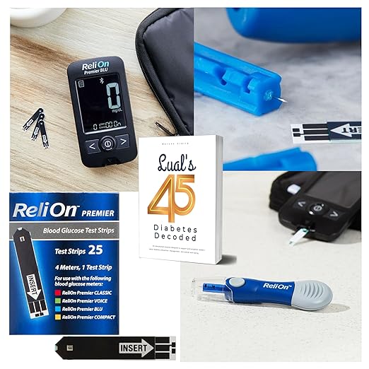 Premier BLU Glucose Monitor Kit with Bluetooth. Complete Diabetes Care Bundle with Test Strips, Lancets & Lancing Device & Lual's 45 Diabetes Decoded