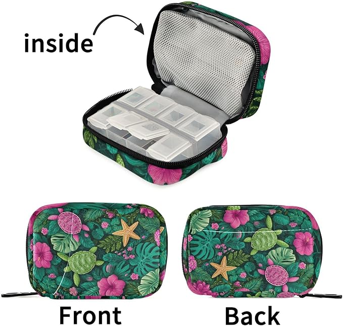 Turtles Starfish and Monstera Leaves Travel Pill Organizer Case Box Container Weekly Portable Vitamin Medicine Holder Storage Bag with Zipper Removable
