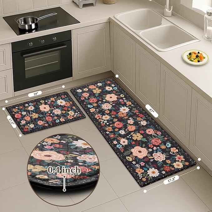 Arttown Kitchen Mats for Floor 2Pcs-Anti Fatigue Non Slip Mats for Kitchen Floor, Cushioned Waterproof & Stain-Resistant Boho Floral Mat Set, Laundry Room, Office, Sink, Desk (Black)
