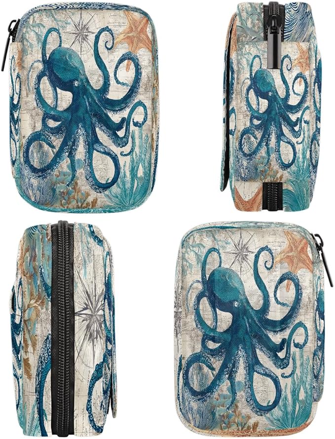 Weekly Travel Pill Organizer Case for Purse with Removable 7 Day Box Portable Compact Size Pill Box Fashionable Pill Container for Medicine Vitamin Supplement Vintage Sea Octopus