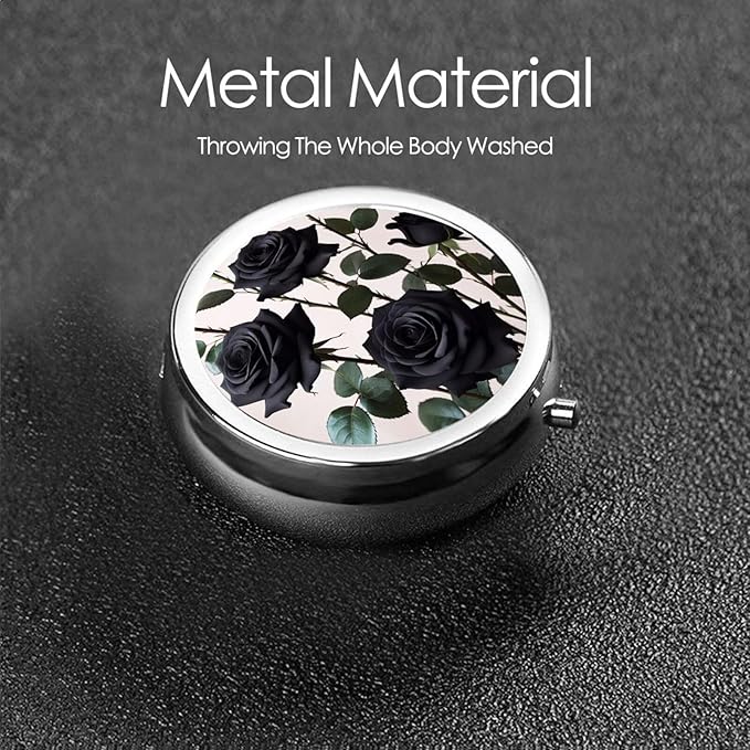 ZhongGuo Gothic Black Roses Printed Pill Organizer,Round Travel Pill Organizer Mini Medicine Pill Box for Purse Iron Plating