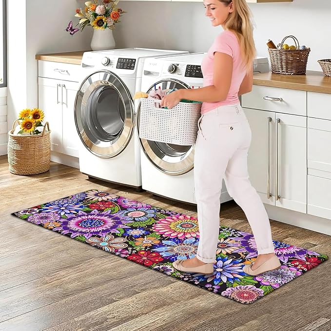 Likiyol Boho Kitchen Rugs Boho Floral Anti Fatigue Kitchen Mat for Floor Bohemian Flowers Non Slip Washable Kitchen Floor Mats, Comfort Standing Mat, 18''x30''+18''x48'', 0.47" Th, Purple