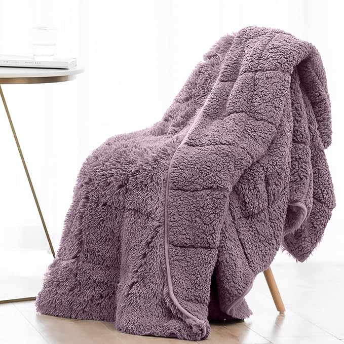 Wemore Shaggy Long Fur Faux Fur Weighted Blanket, Cozy and Fluffy Plush Sherpa Long Hair Blanket for Adult 20lbs, Fluffy Fuzzy Sherpa Reverse Heavy Blanket for Bed, Couch, Pink Purple, 60 x 80 Inches