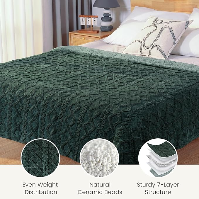 Sherpa Fleece Adult Weighted Blanket Great for Sleep, 20 lbs Dual Sided Soft Fuzzy Heavy Blankets for Couch Bed Sofa, Cozy Warm Fluffy Jacquard Throw for Winter (Green, 60" x 80", 20 Pounds)